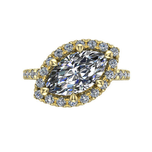 Aspen marquise halo engagement ring in 14K Yellow Gold with squared pavé halo and pavé band, top-down view of the squared pavé halo set on point