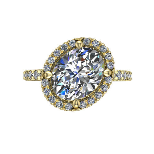 Aspen oval halo engagement ring in 14K Yellow Gold with squared pavé halo and pavé band, top-down view of the squared pavé halo set on point