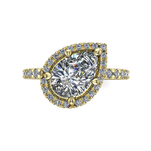 Aspen pear halo engagement ring in 14K Yellow Gold with squared pavé halo and pavé band, top-down view of the squared pavé halo set on point