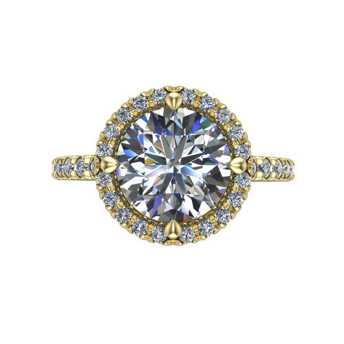 Aspen round halo engagement ring in 18K Yellow Gold with squared pavé halo and pavé band, top-down view of the squared pavé halo set on point