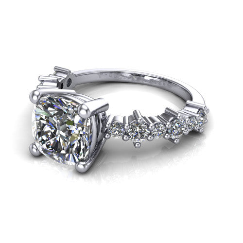 Leah cushion classic engagement ring in 18K White Gold with baguette and cluster accent band, three-quarter perspective view