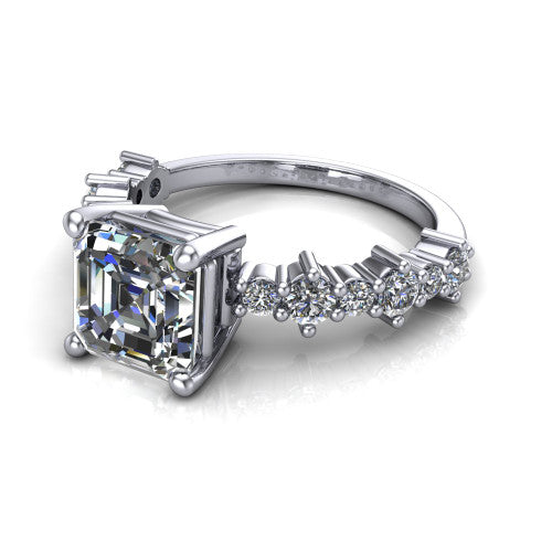 Leah asscher classic engagement ring in 18K White Gold with baguette and cluster accent band, three-quarter perspective view