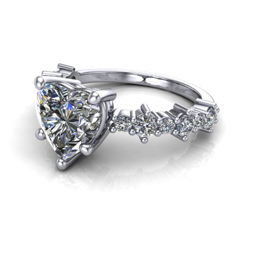 Leah heart classic engagement ring in 18K White Gold with baguette and cluster accent band, three-quarter perspective view