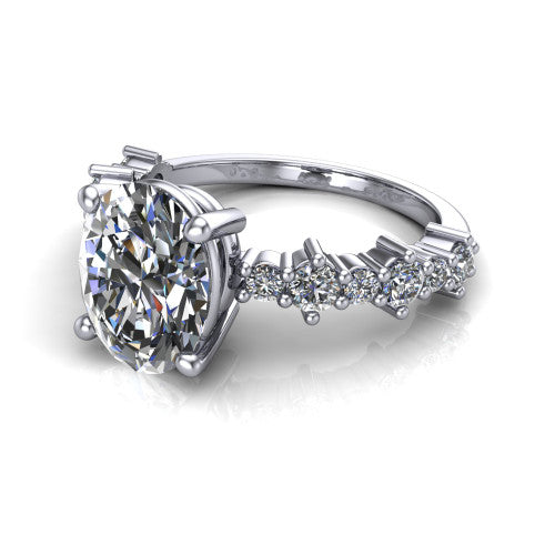 Leah oval classic engagement ring in Platinum with baguette and cluster accent band, three-quarter perspective view