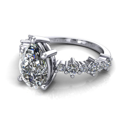 Leah pear classic engagement ring in Platinum with baguette and cluster accent band, three-quarter perspective view