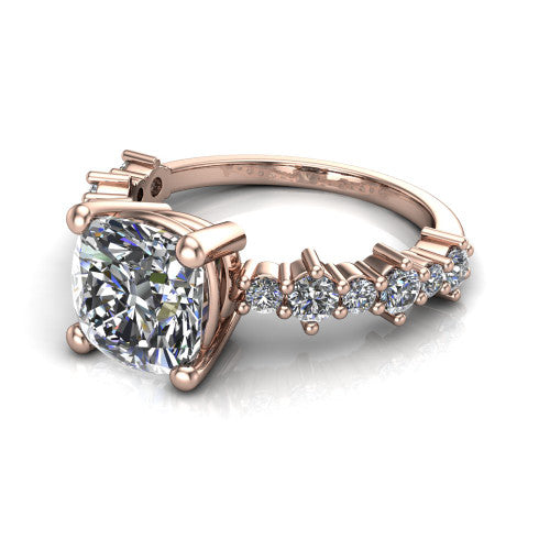 Leah cushion classic engagement ring in 14K Rose Gold with baguette and cluster accent band, three-quarter perspective view