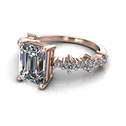 Leah emerald classic engagement ring in 14K Rose Gold with baguette and cluster accent band, three-quarter perspective view