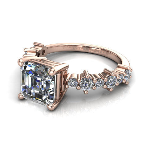 Leah asscher classic engagement ring in 14K Rose Gold with baguette and cluster accent band, three-quarter perspective view
