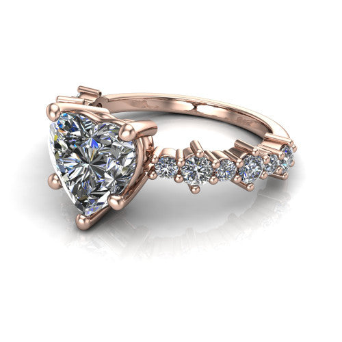 Leah heart classic engagement ring in 18K Rose Gold with baguette and cluster accent band, three-quarter perspective view