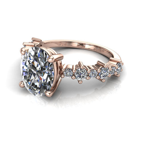 Leah oval classic engagement ring in 14K Rose Gold with baguette and cluster accent band, three-quarter perspective view