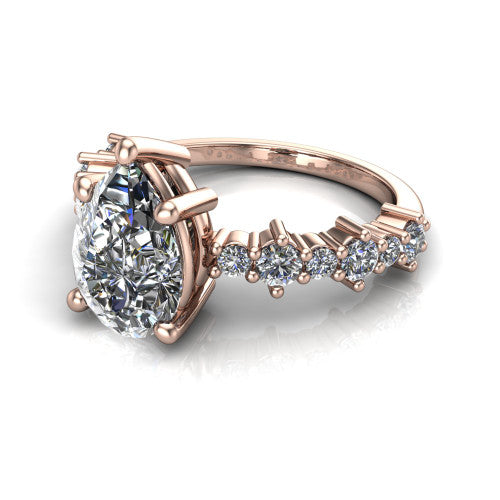 Leah pear classic engagement ring in 18K Rose Gold with baguette and cluster accent band, three-quarter perspective view