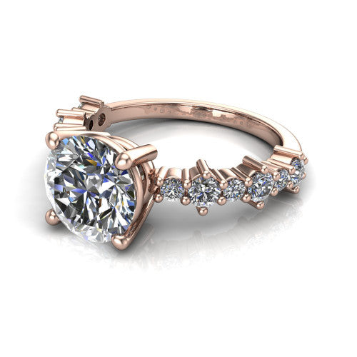 Leah round classic engagement ring in 18K Rose Gold with baguette and cluster accent band, three-quarter perspective view