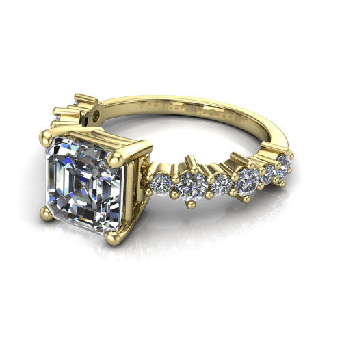 Leah asscher classic engagement ring in 18K Yellow Gold with baguette and cluster accent band, three-quarter perspective view