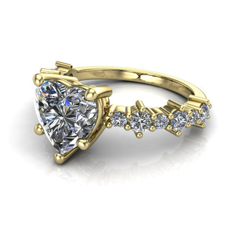 Leah heart classic engagement ring in 14K Yellow Gold with baguette and cluster accent band, three-quarter perspective view