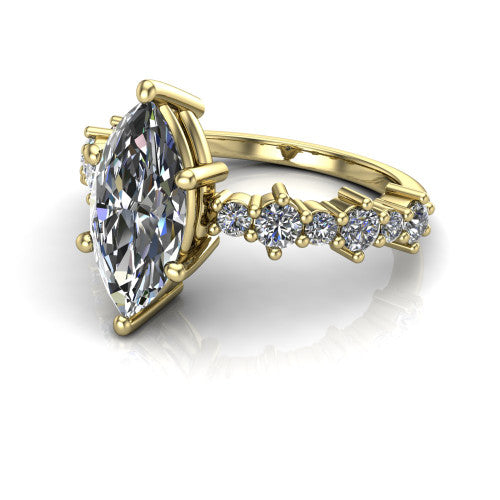 Leah marquise classic engagement ring in 14K Yellow Gold with baguette and cluster accent band, three-quarter perspective view