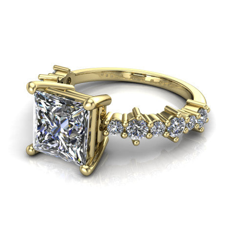 Leah princess classic engagement ring in 14K Yellow Gold with baguette and cluster accent band, three-quarter perspective view