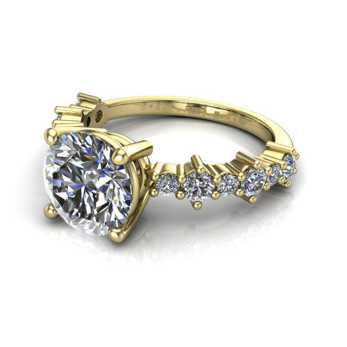 Leah round classic engagement ring in 18K Yellow Gold with baguette and cluster accent band, three-quarter perspective view