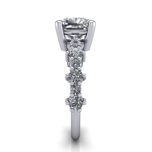 Leah cushion classic engagement ring in Platinum with baguette and cluster accent band, side profile showing the cluster and baguette accent band