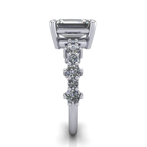 Leah emerald classic engagement ring in 14K White Gold with baguette and cluster accent band, side profile showing the cluster and baguette accent band