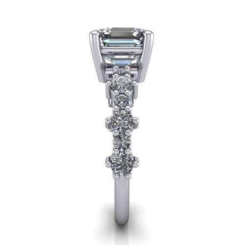 Leah asscher classic engagement ring in 18K White Gold with baguette and cluster accent band, side profile showing the cluster and baguette accent band