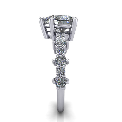 Leah heart classic engagement ring in 18K White Gold with baguette and cluster accent band, side profile showing the cluster and baguette accent band