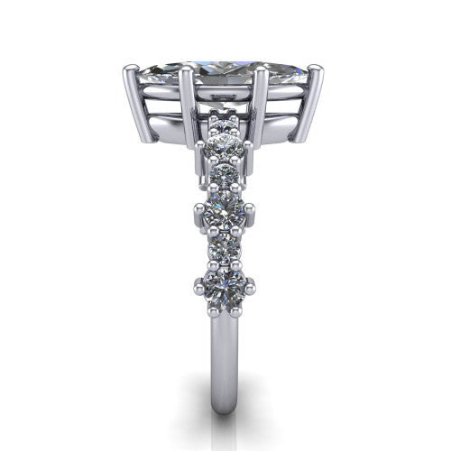 Leah marquise classic engagement ring in 18K White Gold with baguette and cluster accent band, side profile showing the cluster and baguette accent band