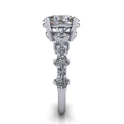 Leah oval classic engagement ring in 18K White Gold with baguette and cluster accent band, side profile showing the cluster and baguette accent band
