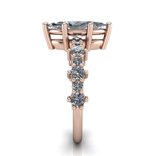 Leah marquise classic engagement ring in 14K Rose Gold with baguette and cluster accent band, side profile showing the cluster and baguette accent band