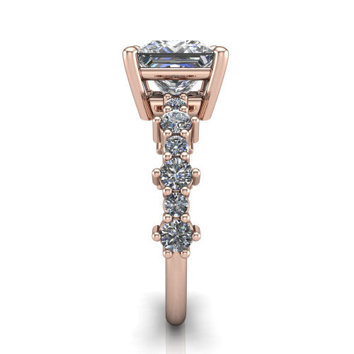 Leah princess classic engagement ring in 14K Rose Gold with baguette and cluster accent band, side profile showing the cluster and baguette accent band