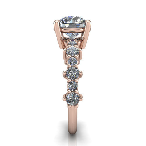 Leah round classic engagement ring in 14K Rose Gold with baguette and cluster accent band, side profile showing the cluster and baguette accent band