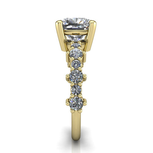 Leah cushion classic engagement ring in 14K Yellow Gold with baguette and cluster accent band, side profile showing the cluster and baguette accent band