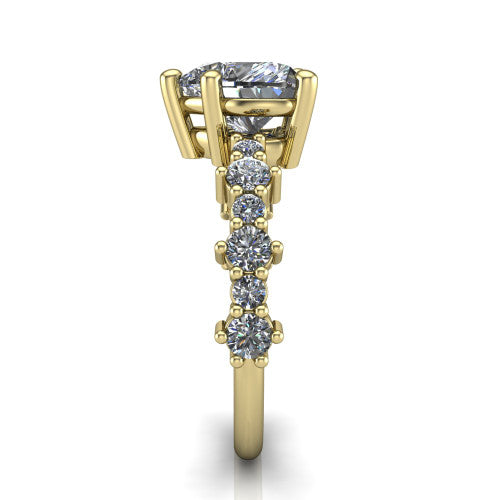 Leah heart classic engagement ring in 14K Yellow Gold with baguette and cluster accent band, side profile showing the cluster and baguette accent band