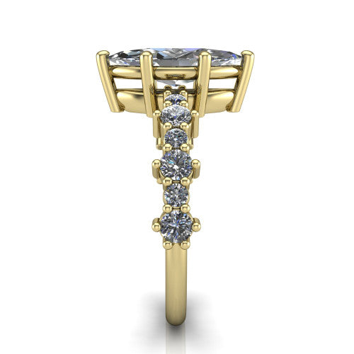 Leah marquise classic engagement ring in 14K Yellow Gold with baguette and cluster accent band, side profile showing the cluster and baguette accent band