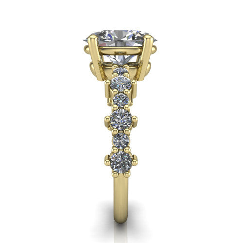 Leah oval classic engagement ring in 14K Yellow Gold with baguette and cluster accent band, side profile showing the cluster and baguette accent band