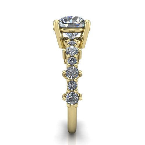 Leah round classic engagement ring in 14K Yellow Gold with baguette and cluster accent band, side profile showing the cluster and baguette accent band