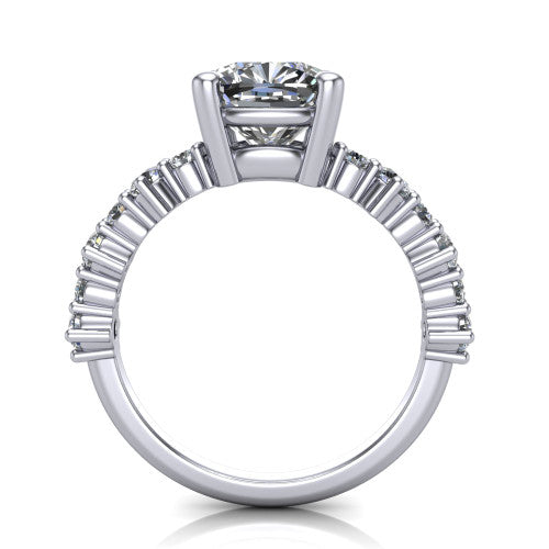 Leah cushion classic engagement ring in Platinum with baguette and cluster accent band, through-finger front profile