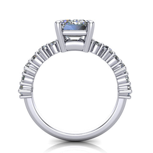 Leah emerald classic engagement ring in Platinum with baguette and cluster accent band, through-finger front profile