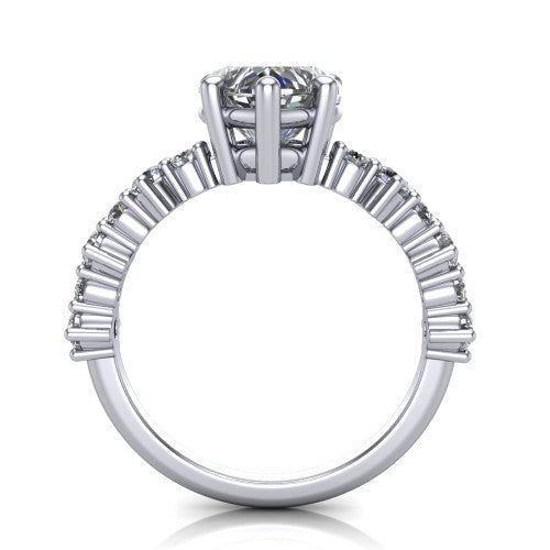 Leah heart classic engagement ring in 14K White Gold with baguette and cluster accent band, through-finger front profile
