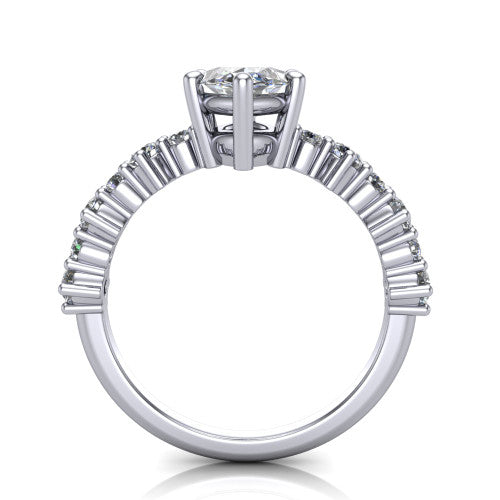 Leah marquise classic engagement ring in 18K White Gold with baguette and cluster accent band, through-finger front profile
