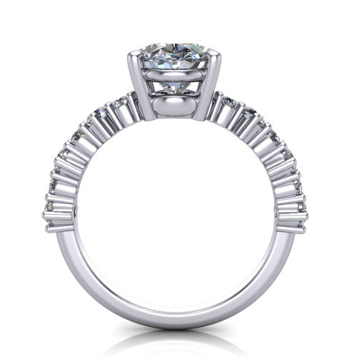 Leah oval classic engagement ring in 14K White Gold with baguette and cluster accent band, through-finger front profile