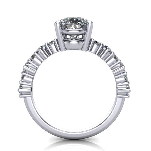 Leah pear classic engagement ring in 14K White Gold with baguette and cluster accent band, through-finger front profile
