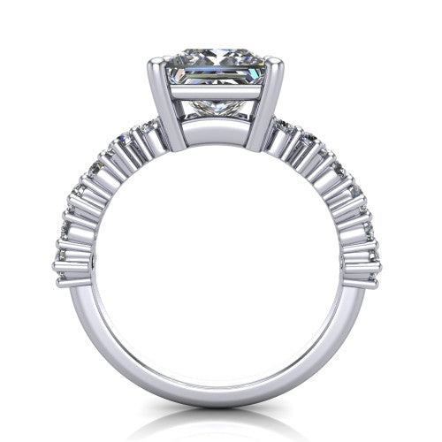Leah princess classic engagement ring in 14K White Gold with baguette and cluster accent band, through-finger front profile