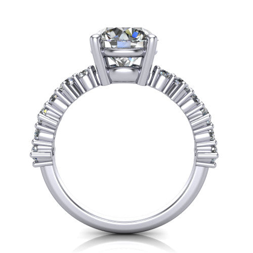 Leah round classic engagement ring in Platinum with baguette and cluster accent band, through-finger front profile