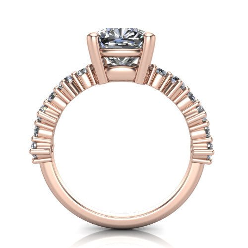 Leah cushion classic engagement ring in 18K Rose Gold with baguette and cluster accent band, through-finger front profile