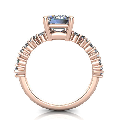 Leah emerald classic engagement ring in 18K Rose Gold with baguette and cluster accent band, through-finger front profile