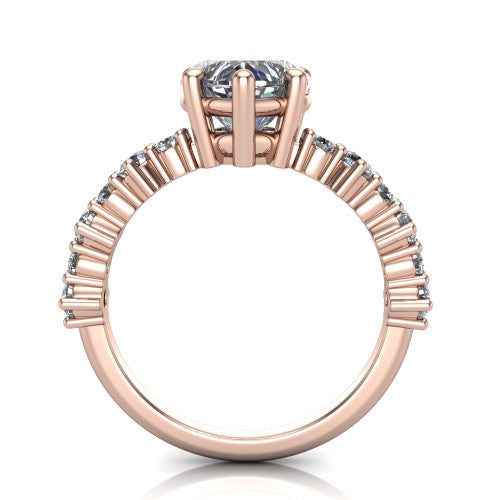 Leah heart classic engagement ring in 18K Rose Gold with baguette and cluster accent band, through-finger front profile