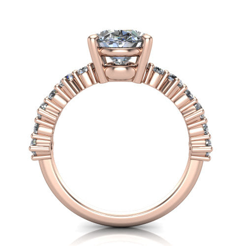 Leah oval classic engagement ring in 14K Rose Gold with baguette and cluster accent band, through-finger front profile