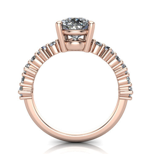 Leah pear classic engagement ring in 14K Rose Gold with baguette and cluster accent band, through-finger front profile