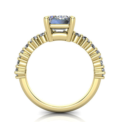 Leah emerald classic engagement ring in 14K Yellow Gold with baguette and cluster accent band, through-finger front profile