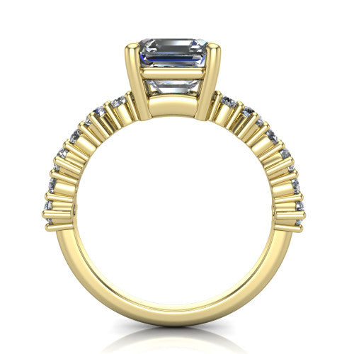 Leah asscher classic engagement ring in 18K Yellow Gold with baguette and cluster accent band, through-finger front profile